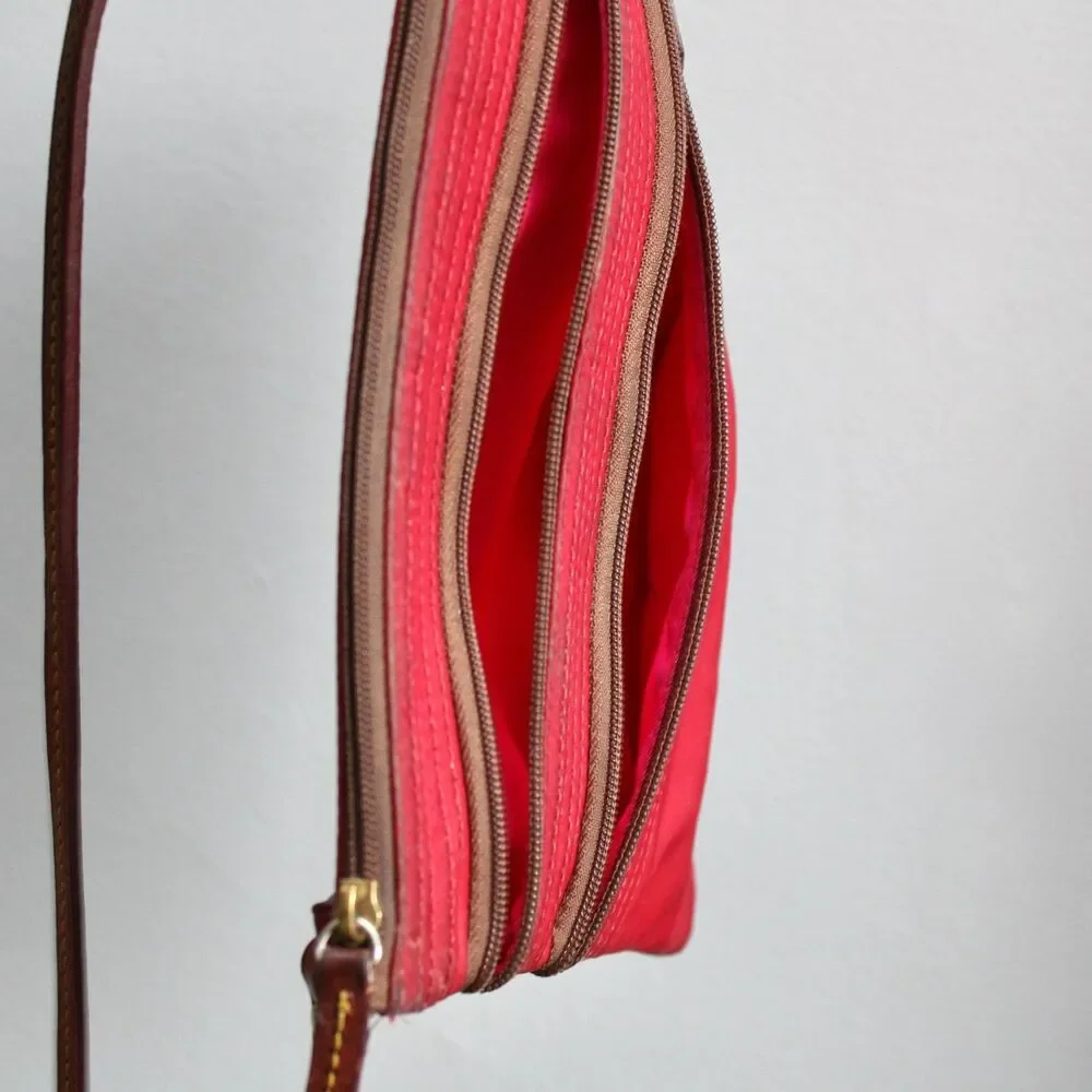 Dooney & Bourke Red Nylon Brown Leather Triple Zip Pockets Crossbody Bag